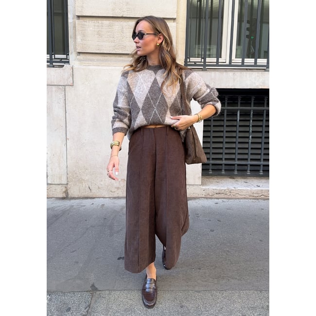 Pantalon large taille haute 7/8 brun fonce chocolate <span itemprop=