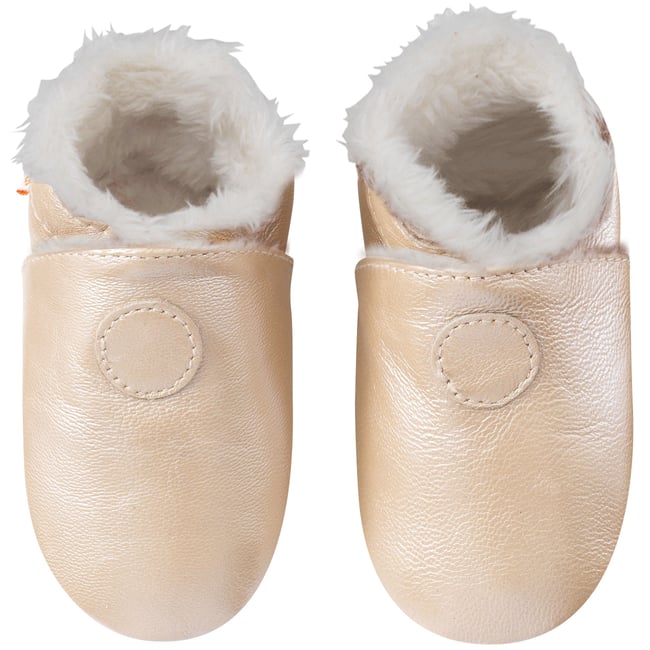 Chaussons cuir souple uni fourrés beige <span itemprop=