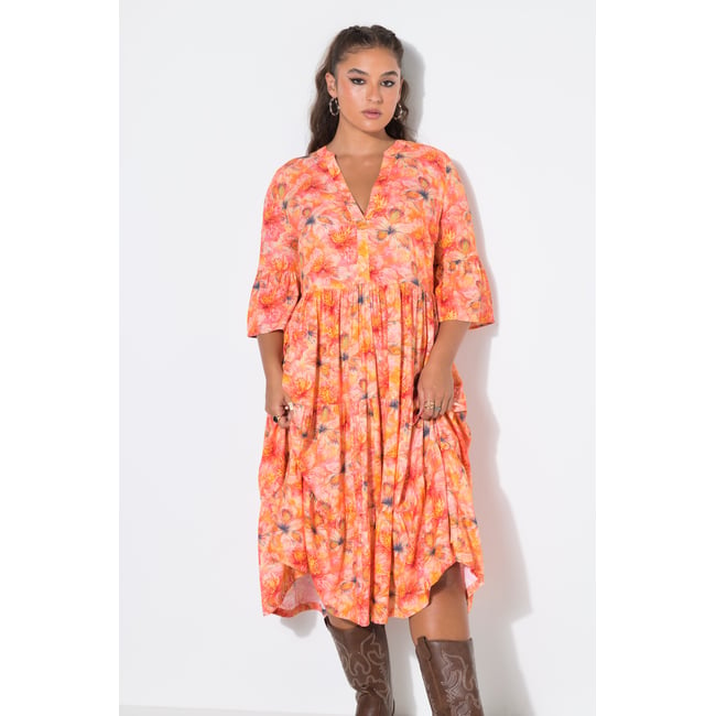 Robe midi, imprimé orchidée orange <span itemprop=