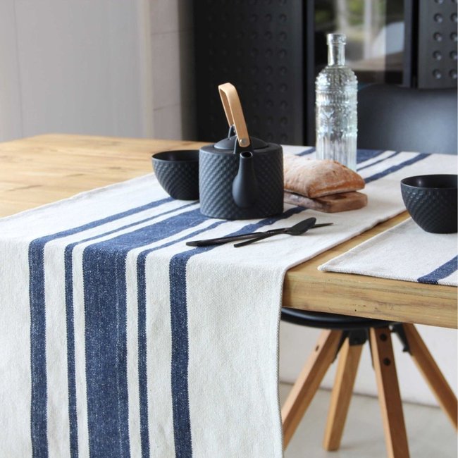 Chemin de table coton épais Rustique bleu foncé <span itemprop=
