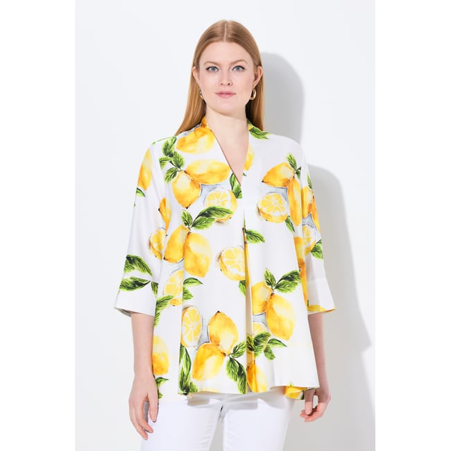 Tunique en lyocell. Motif citrons. Col cygne blanc neige <span itemprop=
