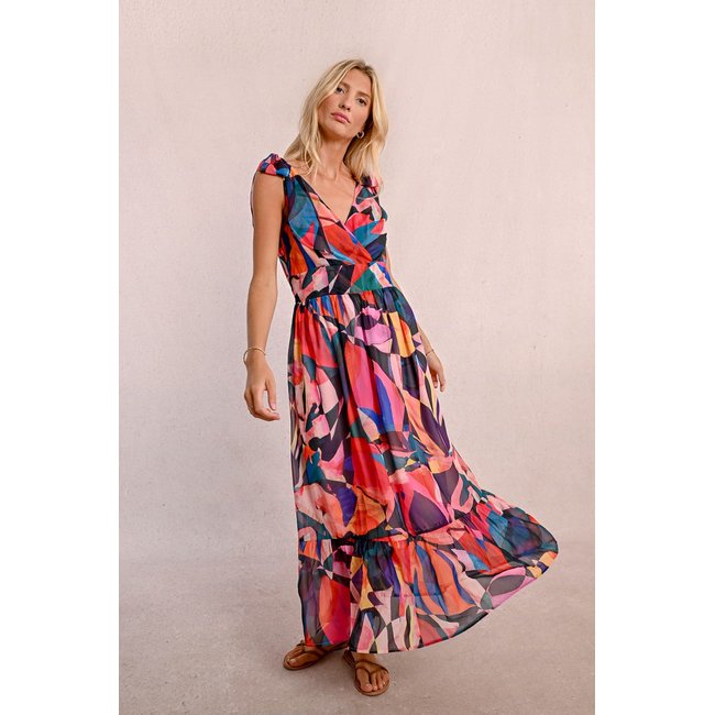 Robe longue semi-transparente à imprimé multicolore <span itemprop=