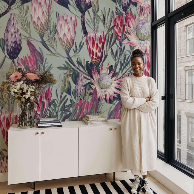 Papier peint botanique avec fleurs tropicales - 510x260 cm (l x h) Couleur vert <span itemprop=