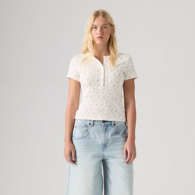 T-shirt manches courtes, maille pointelle, imprimé fleurs ecru <span itemprop=