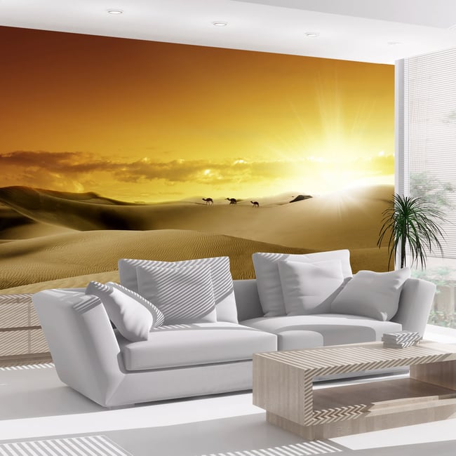Papier peint intissé panoramique Paysage March of camels Couleur beige <span itemprop=
