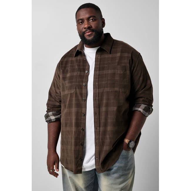 Chemise à carreaux en velours côtelé marron châtaigne <span itemprop=