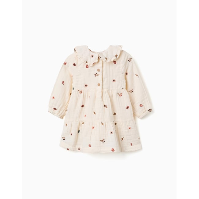 Robe en coton à manches longues avec broderie florale blanc <span itemprop=