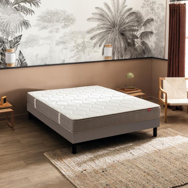 Ensemble matelas ressorts ensachés ITINÉRAIRE, sommier NATURE confort ferme et pieds Couleur blanc <span itemprop=