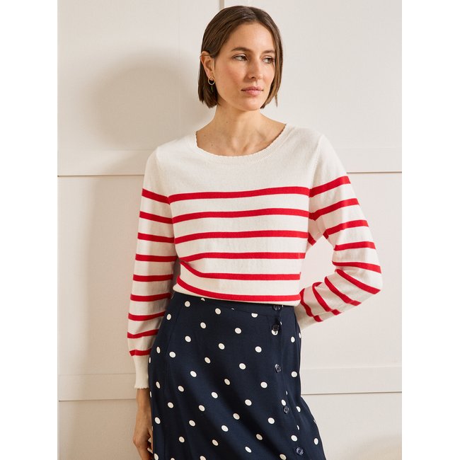 Pull marinière coton biologique et cachemire raye rouge <span itemprop=
