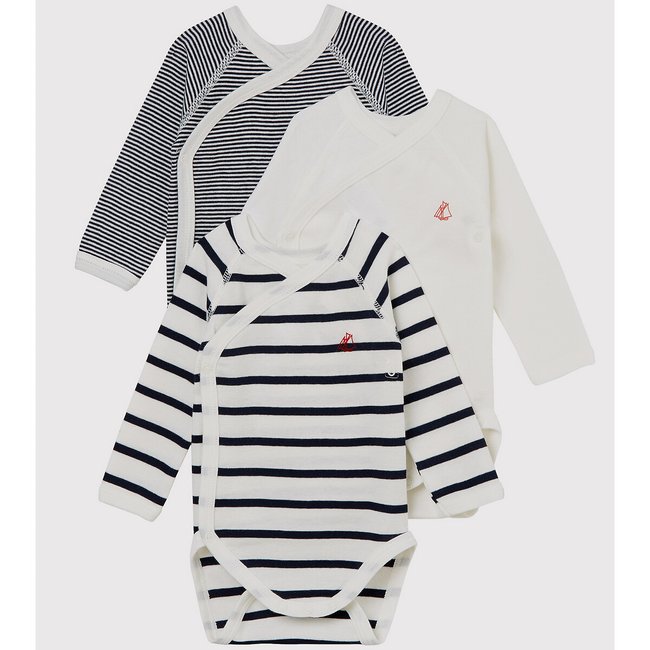 Set di 3 body con apertura laterale bianco + blu PETIT BATEAU