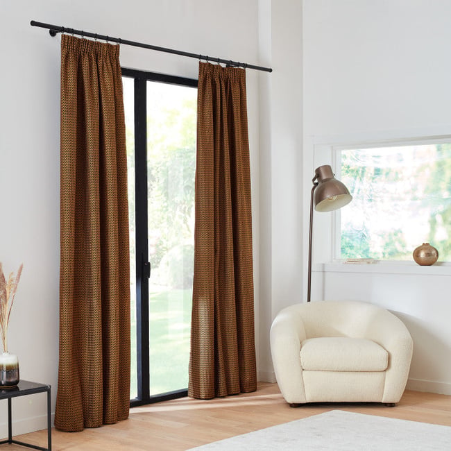 Rideau À Galon Fronceur Doublé en Broderie de fil métallisé doré OCTAVE noir et mordoré <span itemprop=