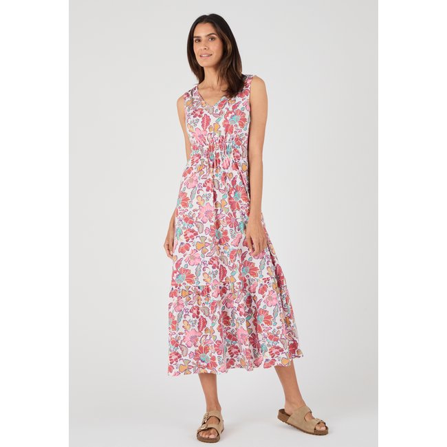 Robe sans manches Climatyl en maille marron ecru fleuri <span itemprop=
