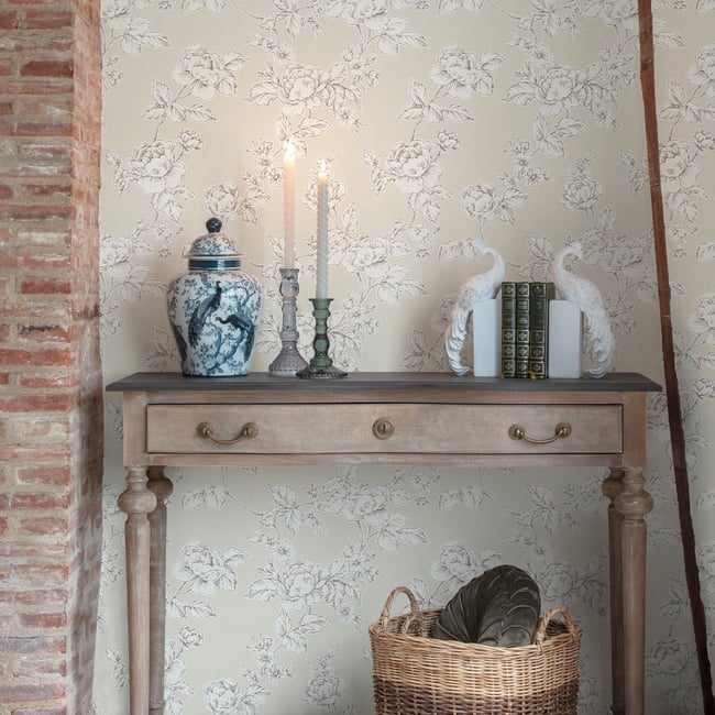 Papier peint fleuri Roses Pollington Couleur beige, sépia <span itemprop=