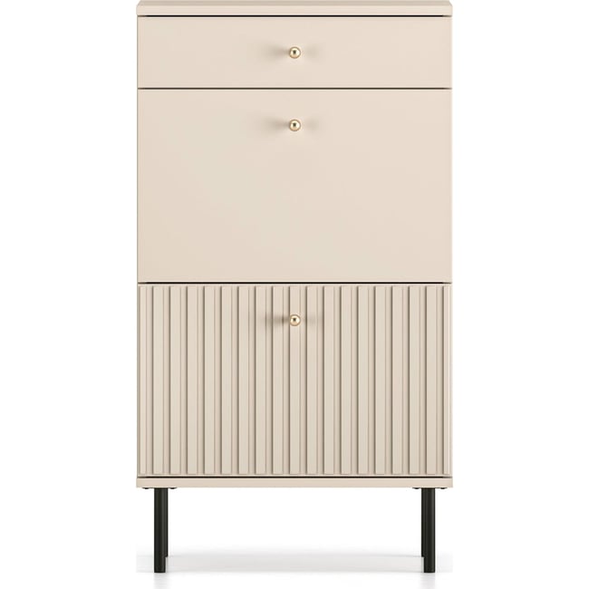 Meuble à chaussures à tiroir lattes décoratives Couleur cashmere beige avec poignées dorées et pieds noirs <span itemprop=