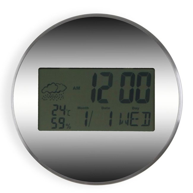 Horloge murale digitale ronde thermomètre hygromètre 30x30x4cm Couleur chrome/inox <span itemprop=