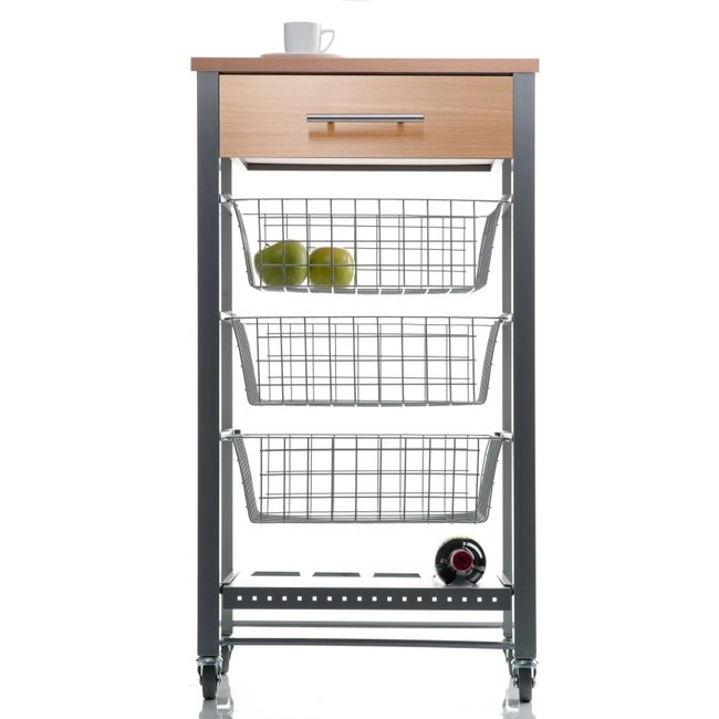 Desserte de cuisine avec paniers, tiroir et porte-bouteilles, DIANA Couleur argent <span itemprop=