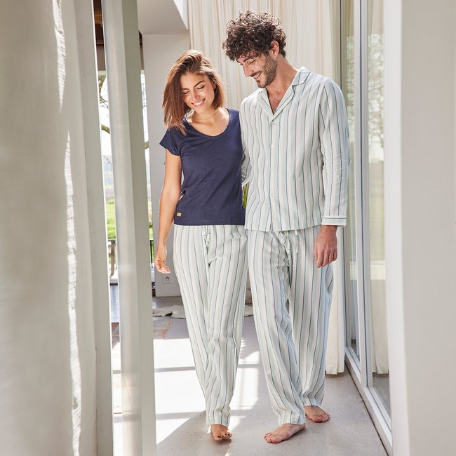 Pantalon de pyjama en coton, SIMPLEMENT RAYÉ blanc, céladon <span itemprop=