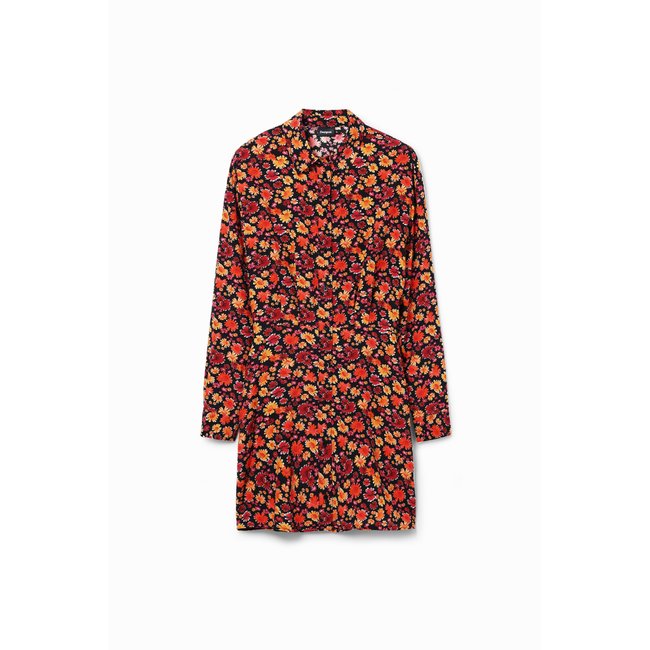 Robe-chemise courte fleurs rouge <span itemprop=