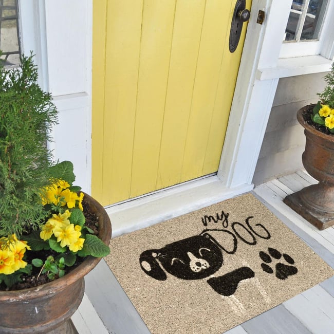 Paillasson tissé en coco motif animaux CHIEN Couleur gris <span itemprop=