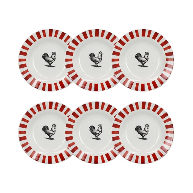 Lot de 6 assiettes creuses en porcelaine, COCORICO Couleur blanc-rouge <span itemprop=