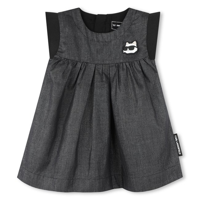 Robe évasée badge poitrine denim blue black <span itemprop=