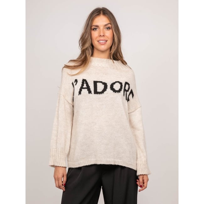 Pull Message Oversize Col Montant Kyline beige <span itemprop=