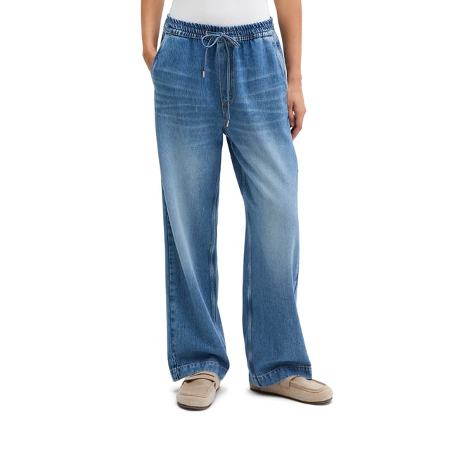 Joggpants droit cropped en TENCEL™ Lyocell bleu moyen <span itemprop=