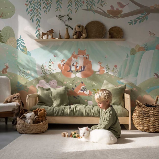 Papier peint renard chambre enfant Couleur vert <span itemprop=