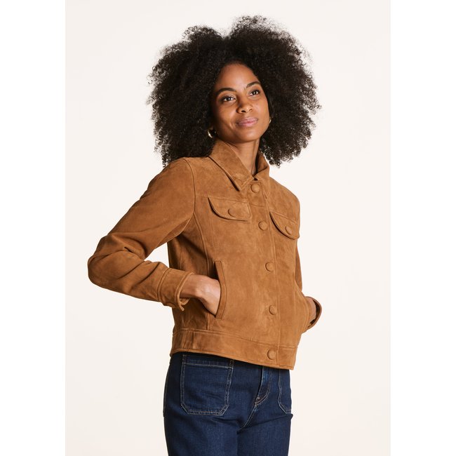 Blouson court en daim toffee <span itemprop=