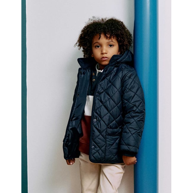 Veste matelassée avec capuche amovible bleu foncé <span itemprop=