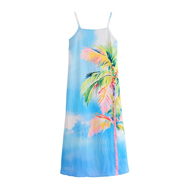 Robe caraco mi-longue à col carré imprimé palmiers bleu/rose <span itemprop=