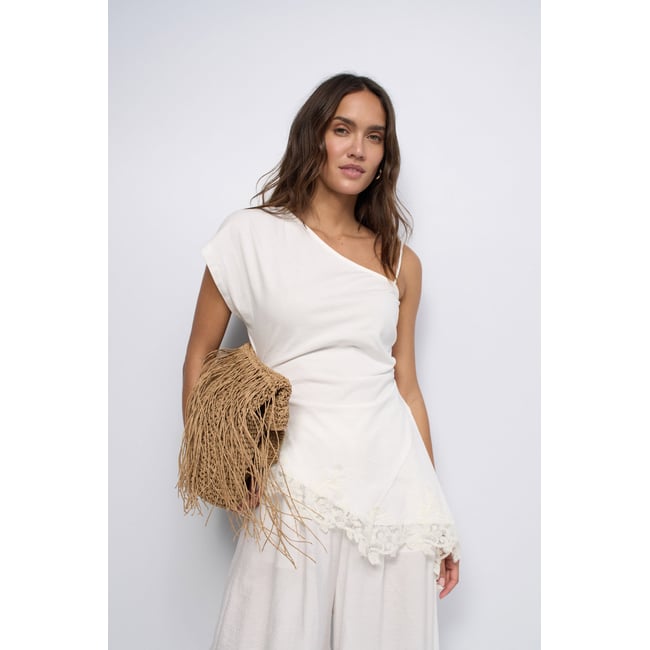 T-SHIRT ASYMÉTRIQUE AVEC DENTELLE blanc <span itemprop=
