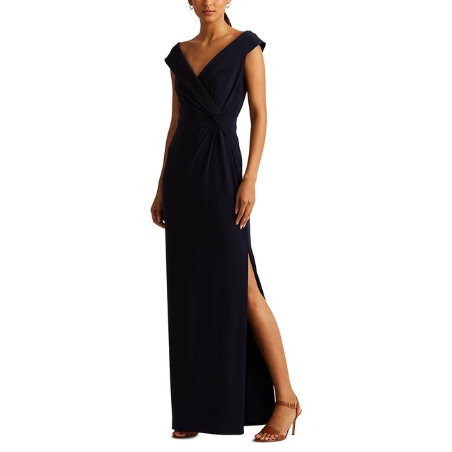 Robe longue, fente côté bleu marine <span itemprop=
