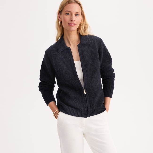 Gilet zippé col polo en maille torsadée - ANNE WEYBURN