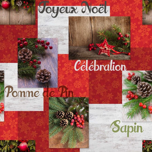 Nappe Toile cirée au mètre Modele Joyeux Noel rouge <span itemprop=