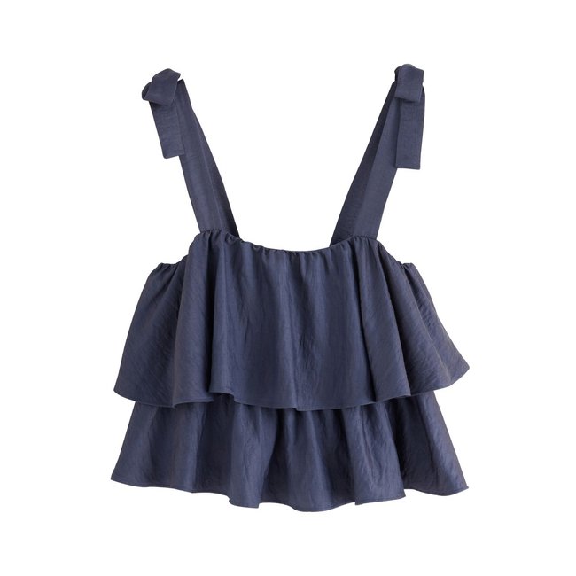 Top à bretelles nouer avec volants bleu acier <span itemprop=