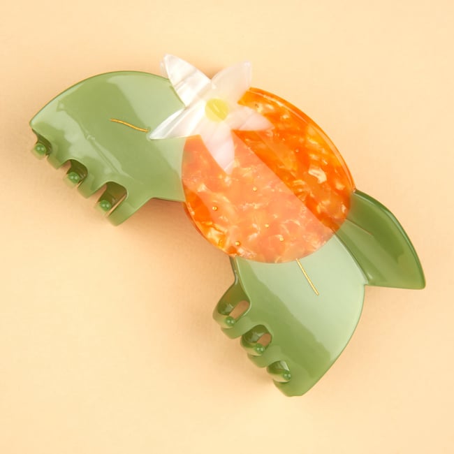 Pince à cheveux FLEUR D'ORANGER orange et vert <span itemprop=