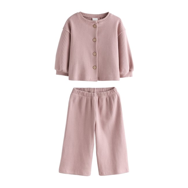 Ensemble cardigan côtelé et pantalon rose <span itemprop=