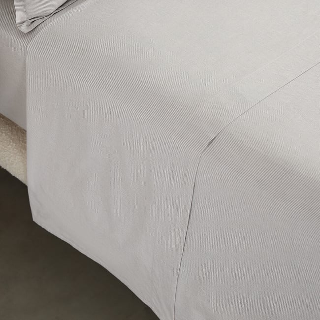 Drap plat en percale de coton lavé, rayé, 120 fils, SABBAL rayé châtaigne <span itemprop=