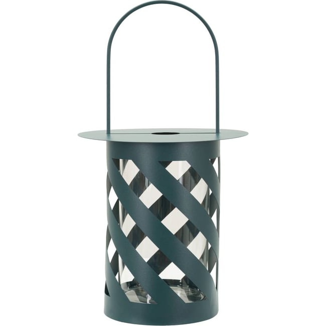 Lanterne en métal et verre motif torsadé Couleur bleu pétrole <span itemprop=