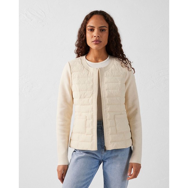 Chaqueta acolchada ligera en dos materiales de cuello redondo, ALMERIA tiza <span itemprop=