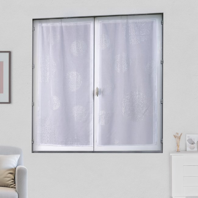 Paire de petits voilages en étamine motif argent blanc <span itemprop=