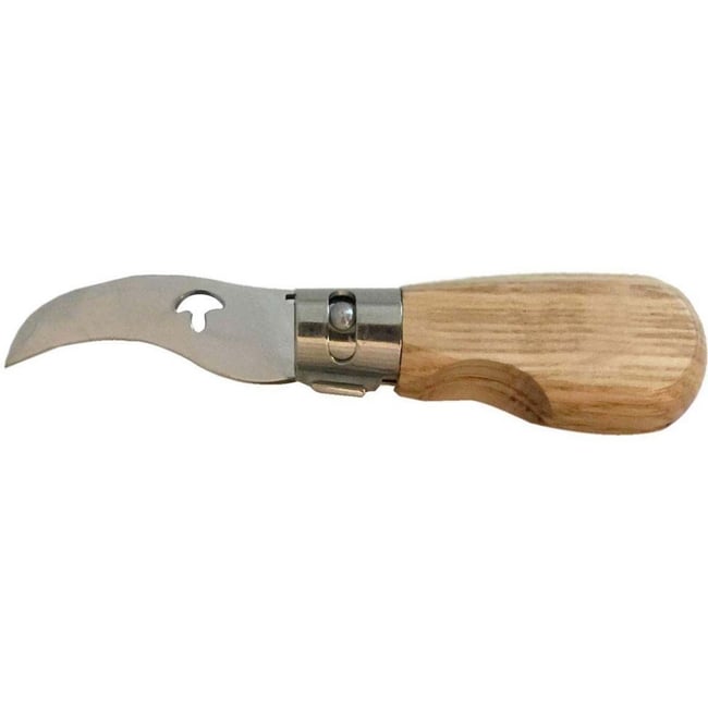 Couteau à champignon pliant manche en chêne beige <span itemprop=