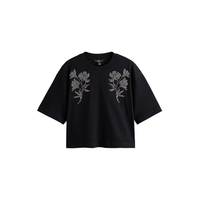 T-shirt ras du cou manches courtes et fleurs noir <span itemprop=