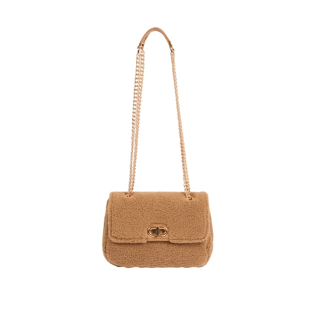 Sac bandoulière duveteux camel <span itemprop=