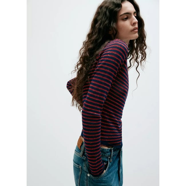Pull-over à rayures fil textile bleu marine <span itemprop=