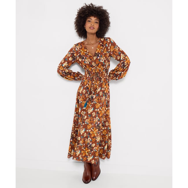 Robe Longue Fleurie à Empiècement en Dentelle Sienna marron <span itemprop=