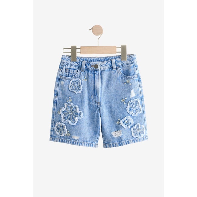 Short en denim avec fleurs au crochet jean <span itemprop=