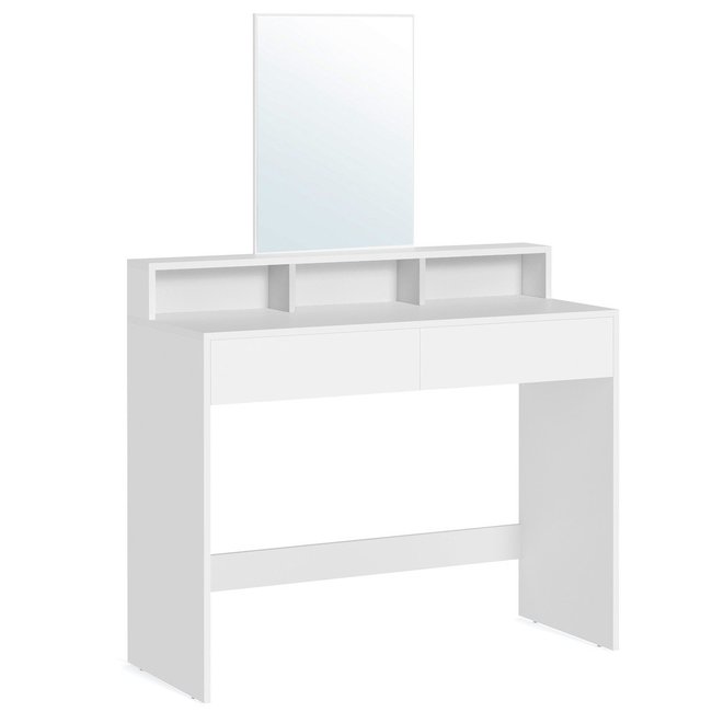 Coiffeuse 2 tiroirs et 3 petites niches avec miroir - H140 cm Couleur blanc <span itemprop=