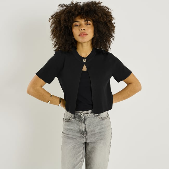 Gilet manches courtes à bouton noir <span itemprop=